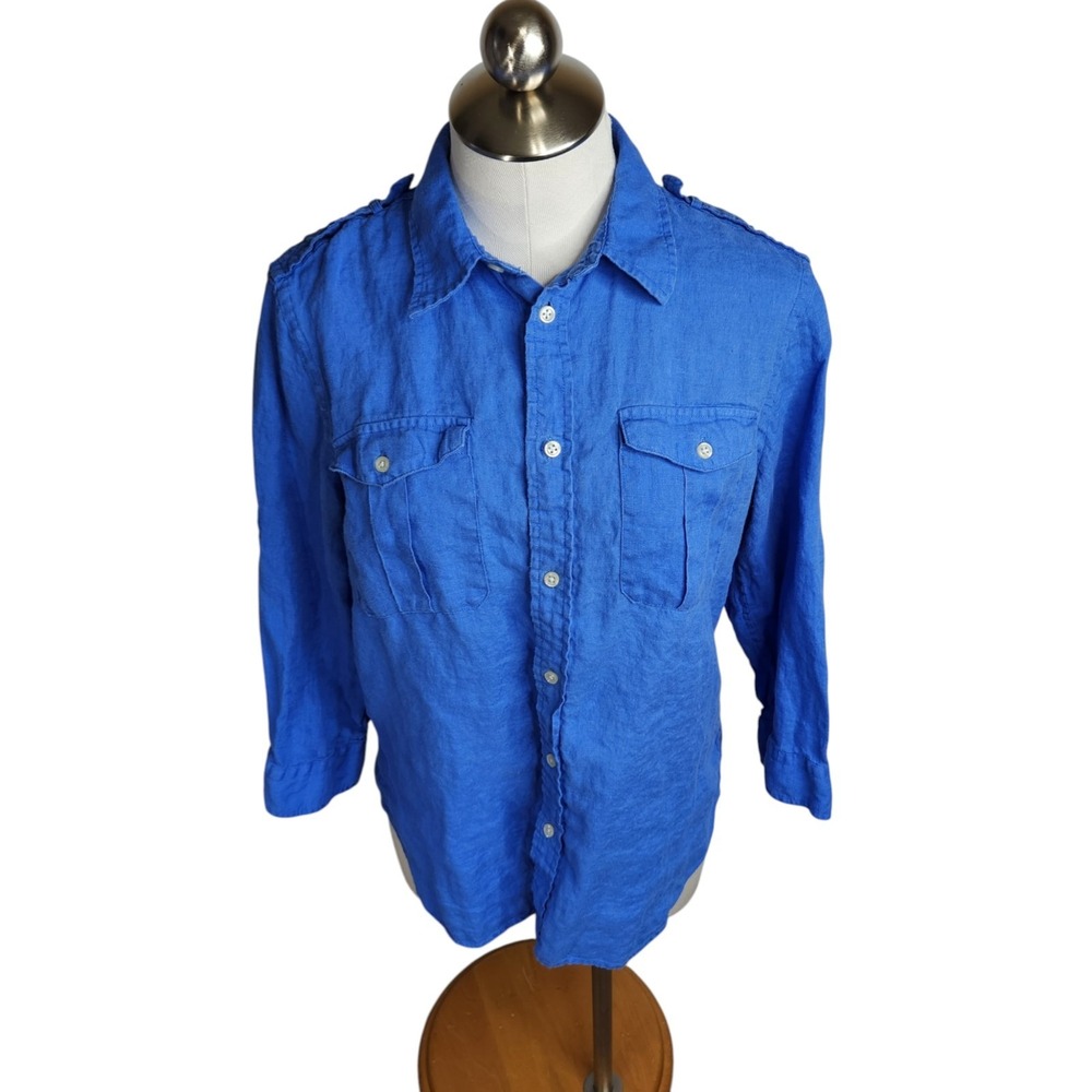 VTG Ralph Lauren‎ Sport Linen Safari Shirt Womens 14 Roll Tab Epaulets Military